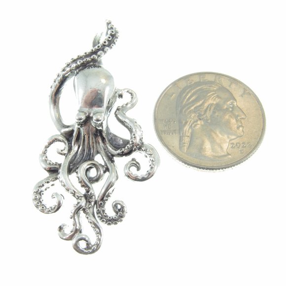 Solid 925 Sterling Silver Octopus w/ Tentacles Sea Kraken Slide Pendant for Men - Picture 5 of 9